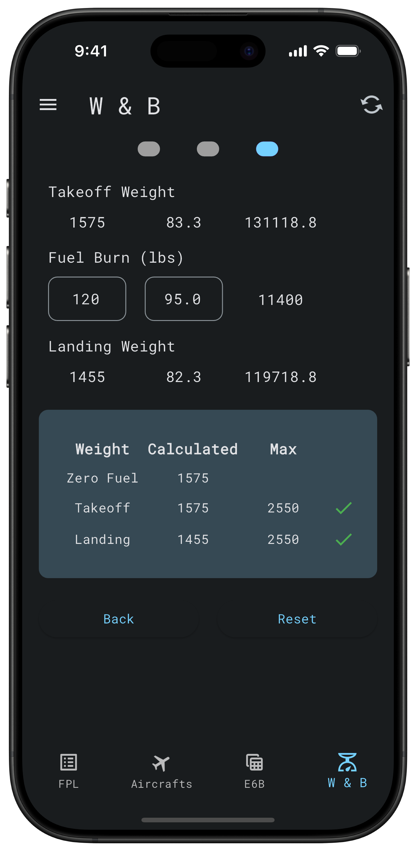 4Pilots Pro weight and balance calculator